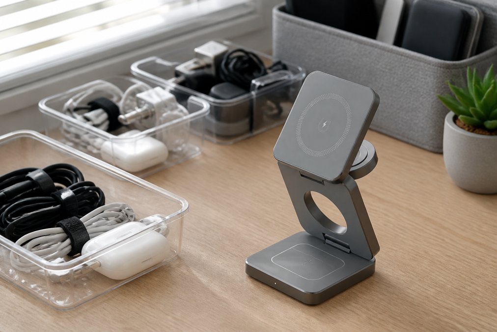 Organized home office desk with neatly arranged tech accessories in labeled clear containers, cables secured with velcro clips, and a 3-in-1 wireless charging station positioned prominently on a clean wooden desktop with soft natural light