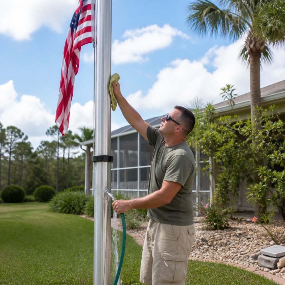 Homeowner cleaning a silver telescoping flagpole with a cloth and hose to learn how to maintain telescoping flagpoles