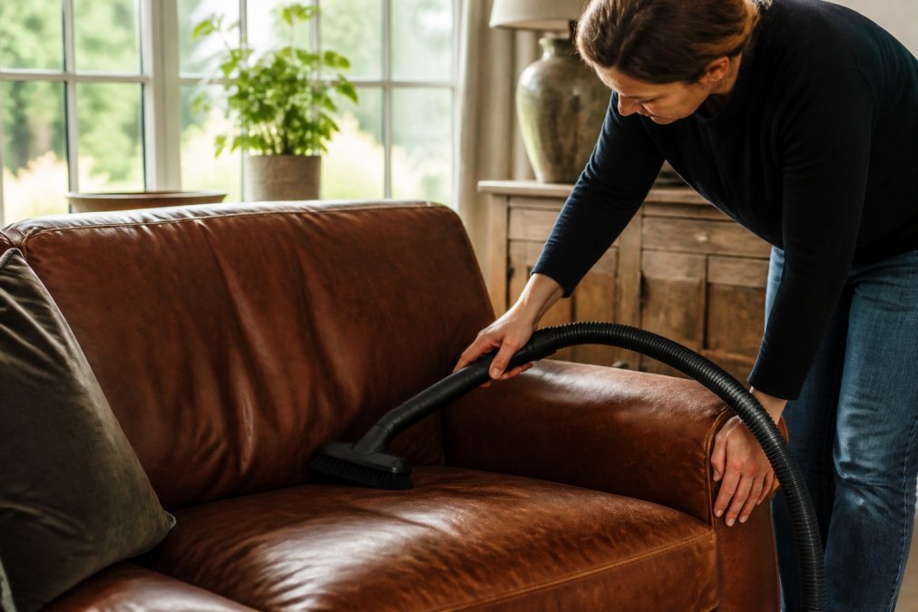 A person using a soft brush attachment on a vacuum cleaner to gently remove dust from a brown leather sofa in a bright living room, with natural light streaming in