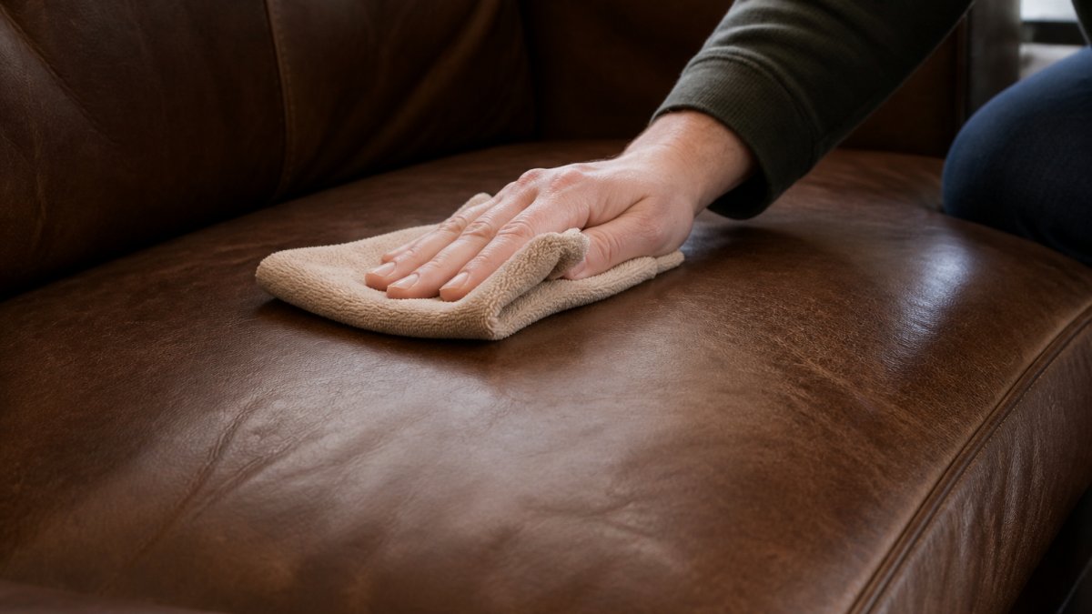 Close-up of hands using a soft microfiber cloth to gently wipe a leather sofa surface with proper technique, showing natural lighting on the fabric texture