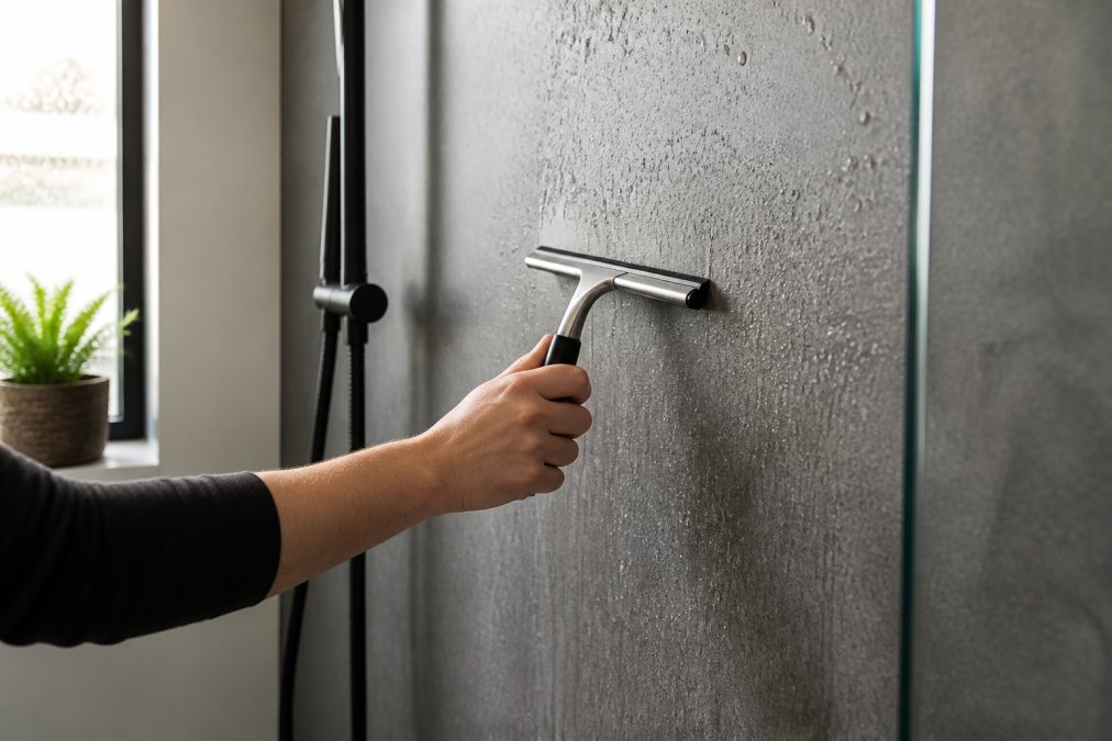 Close-up of hands using a squeegee on a textured grey wetwall panel in a modern bathroom, water droplets visible, bright natural light