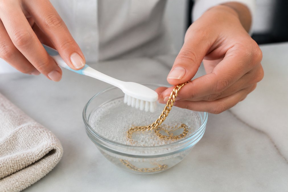 Close-up of hands gently cleaning a gold chain with a soft-bristled toothbrush and mild soapy water in a small bowl on a clean countertop