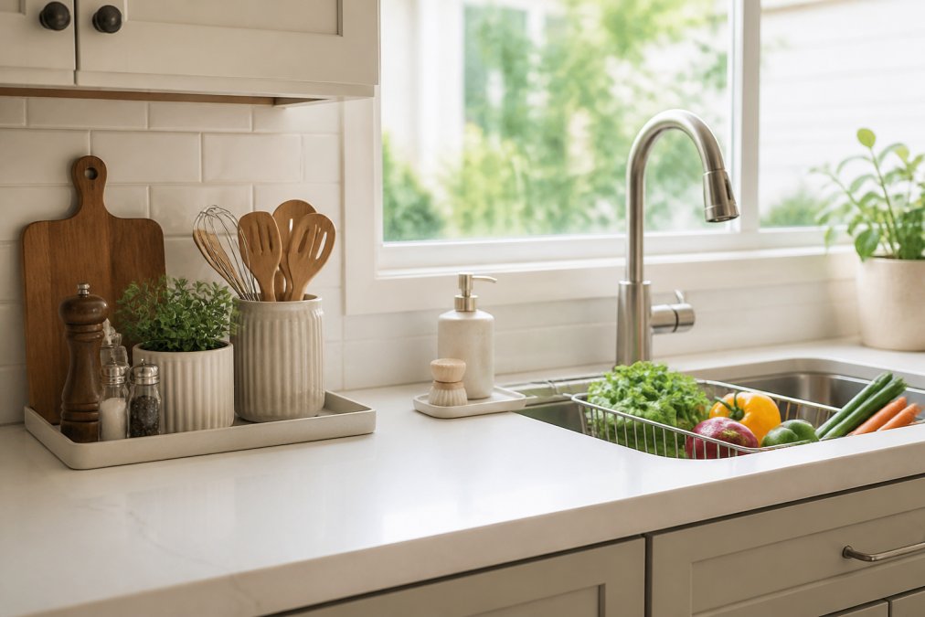 Bright, organized kitchen counter with neatly arranged items in small ceramic trays, a stainless steel sink rack holding fresh produce, a soap dispenser, and clear surfaces with minimal clutter, natural window lighting