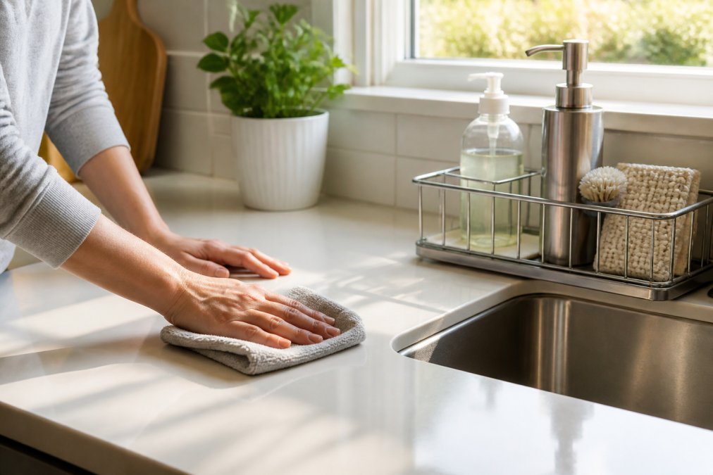 Hands wiping down a clean kitchen counter with a microfiber cloth, sink area with organized stainless steel drain rack holding cleaning supplies, morning sunlight streaming through window
