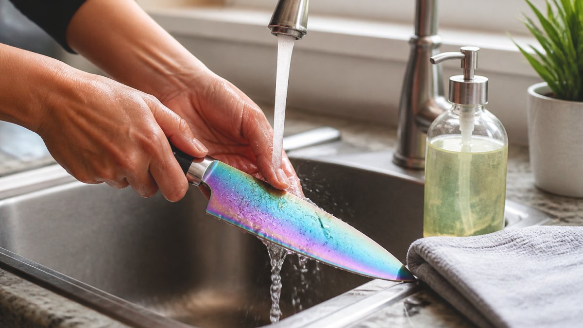 Hands washing a colorful titanium-coated kitchen knife under warm running water in a bright kitchen sink, with a soft cloth and mild soap nearby