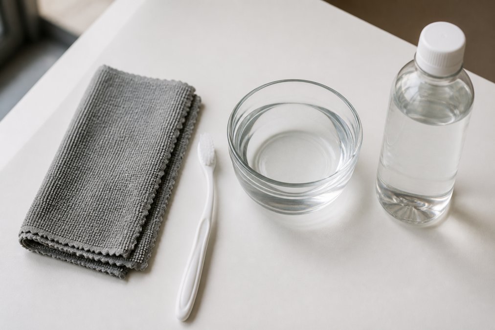 Organized collection of titanium watch maintenance tools laid out on a clean white surface: microfiber cloth, soft-bristled toothbrush, small bowl of lukewarm water, and distilled water bottle with natural lighting