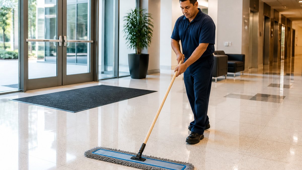 A janitorial worker in a navy uniform pushing a wide microfiber dust mop across a glossy VCT tile floor in a bright office lobby, with a walk-off mat visible at the entrance doors