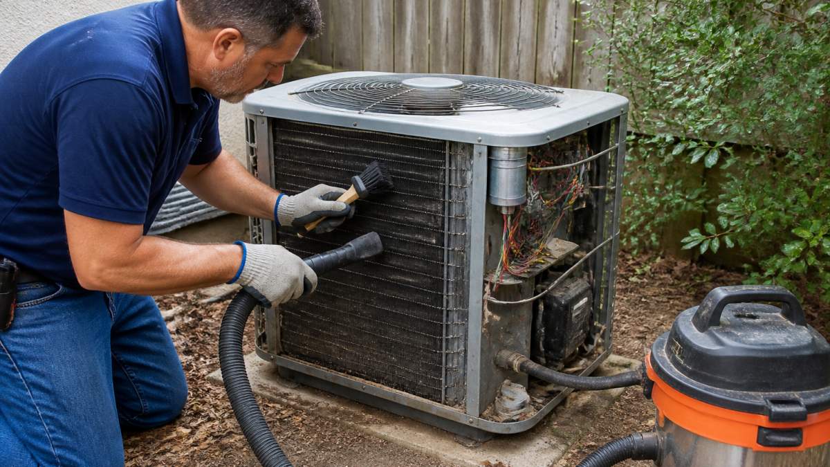 Homeowner using a brush and vacuum to clean the coils of a vintage hvac outdoor condenser unit in a backyard