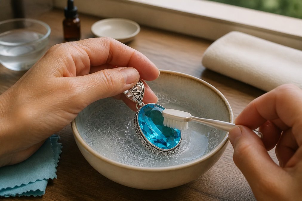 Close-up of hands gently cleaning a delicate vintage pendant with a soft brush and mild soapy water in a shallow ceramic bowl, natural window lighting