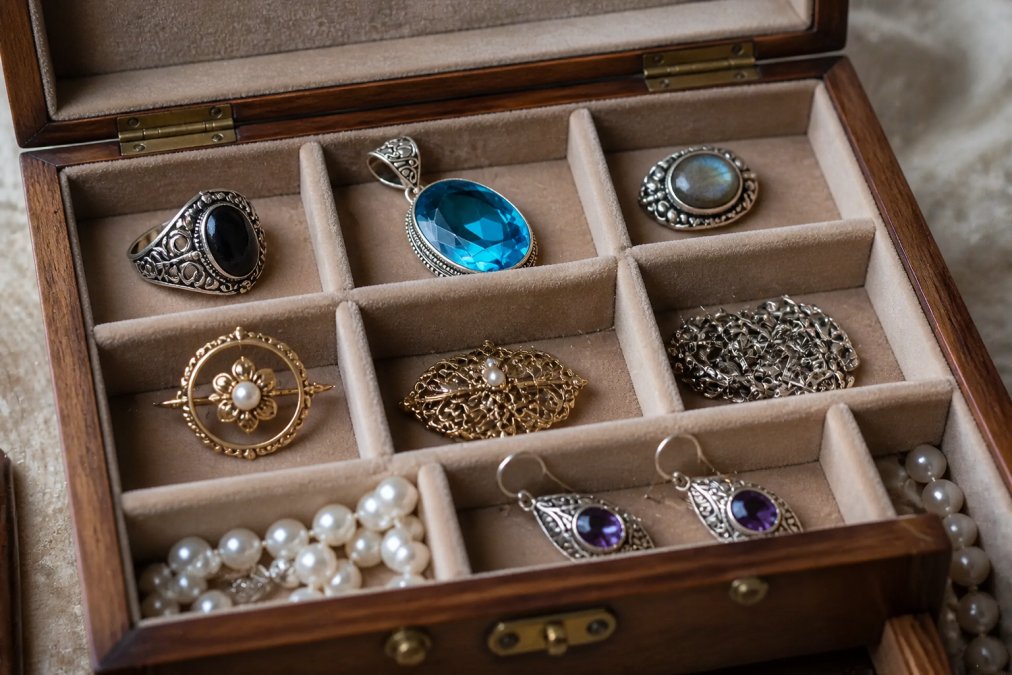 Organized vintage jewelry pieces stored in individual compartments of an antique wooden jewelry box with soft velvet lining and dividers, showing proper separation and gentle cradling of delicate items