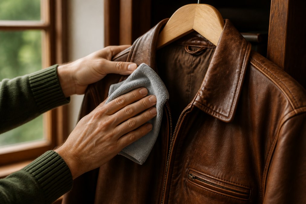 Close-up of hands using a soft microfiber cloth to gently dust a vintage leather jacket hanging on a wooden hanger in warm natural window light