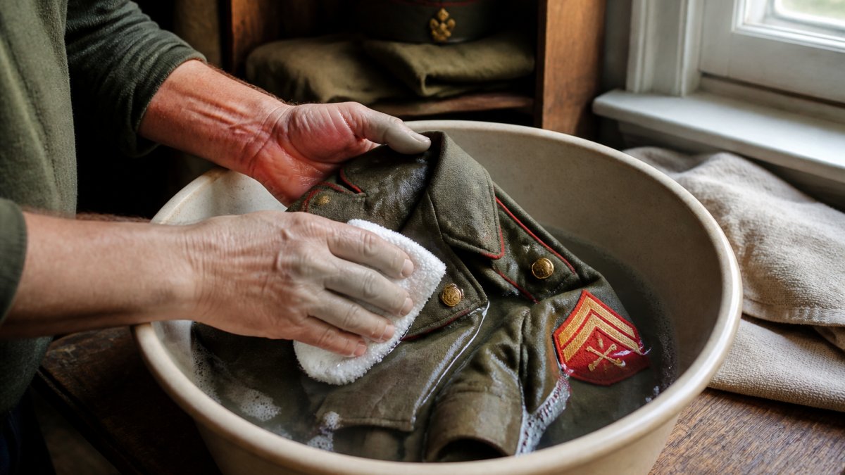 Hands gently washing a vintage Marine Corps uniform in a ceramic basin with cool water and mild soap, showing proper technique with soft cotton cloth and natural morning light through window