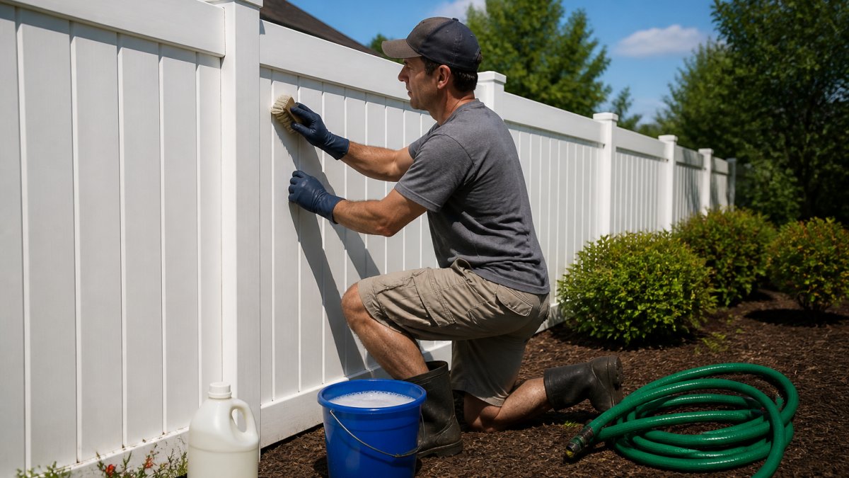 Homeowner using a soft-bristle brush to maintain vinyl fencing with soapy water on a sunny day