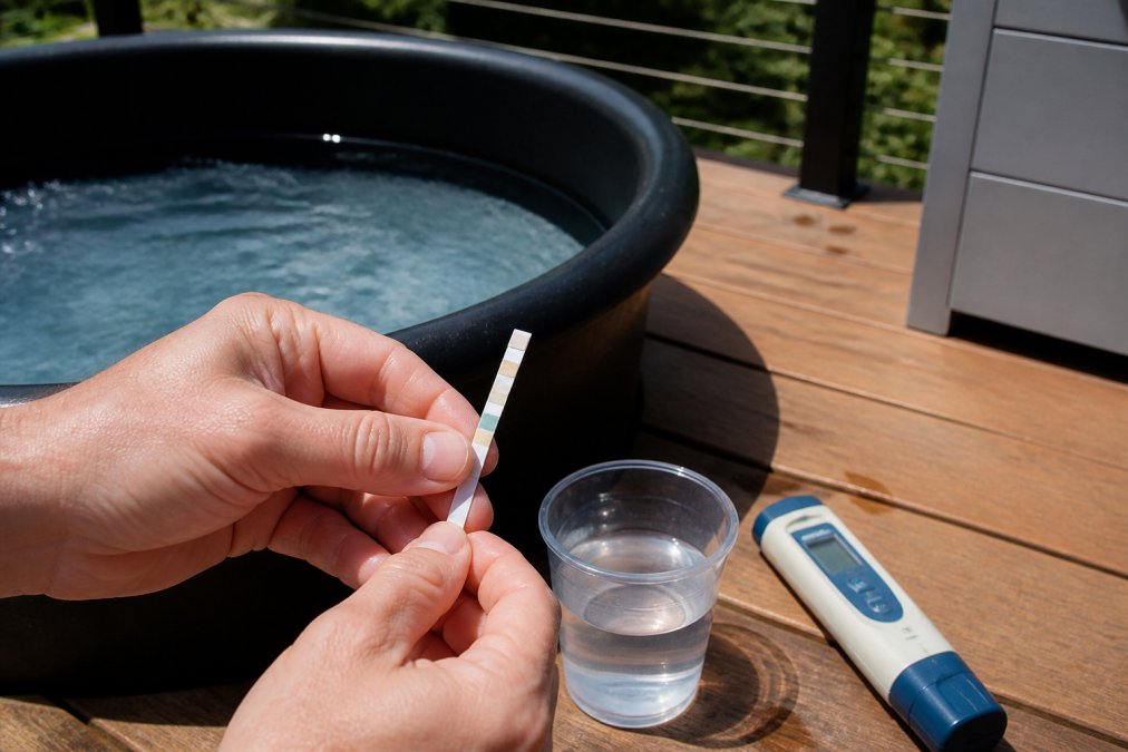 Close-up of a person's hands holding a water testing strip beside a cold plunge tub, with a clear plastic cup of water and a digital pH meter resting on a wooden deck in natural daylight