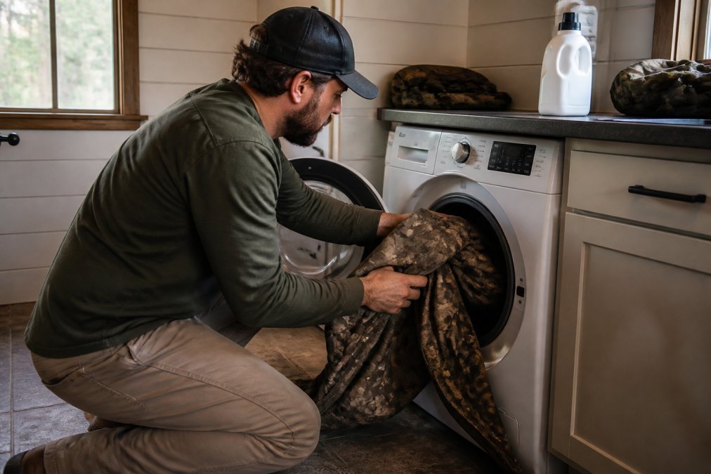 Person loading a waterproof hunting apparel jacket into a washing machine with technical detergent nearby