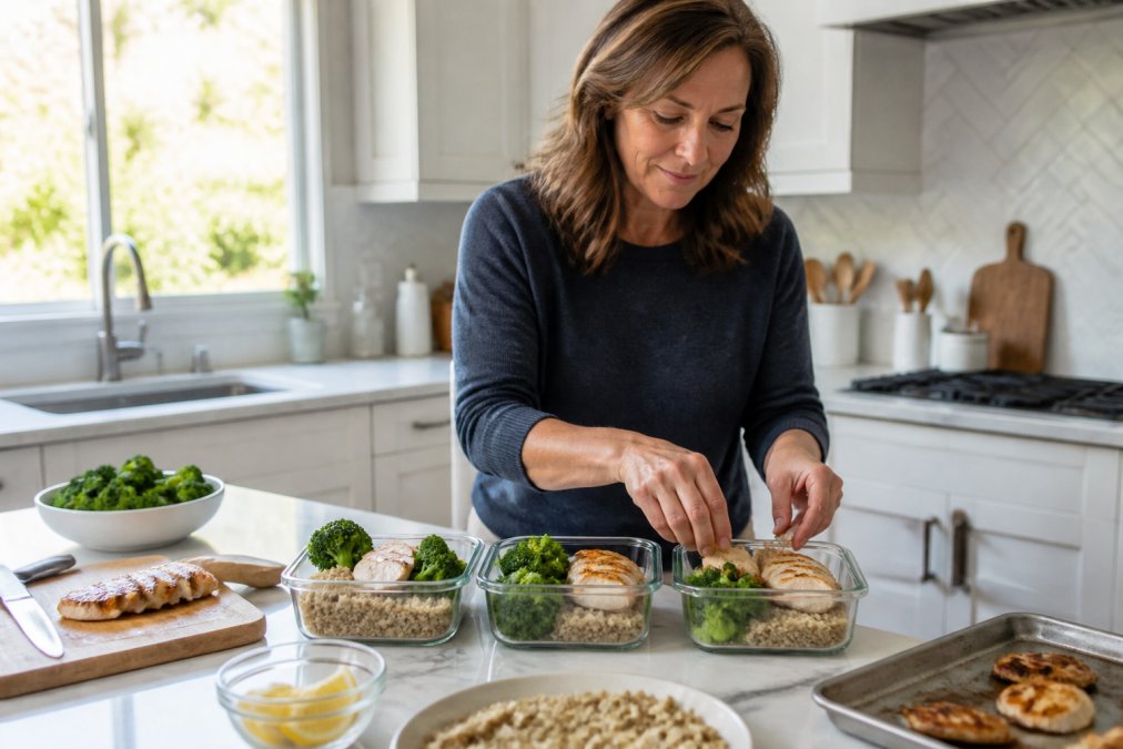 A woman in her mid-50s preparing a high-protein meal in a bright, modern kitchen, arranging grilled chicken, steamed broccoli, and quinoa into glass meal prep containers on a clean marble counter, warm natural light from a window
