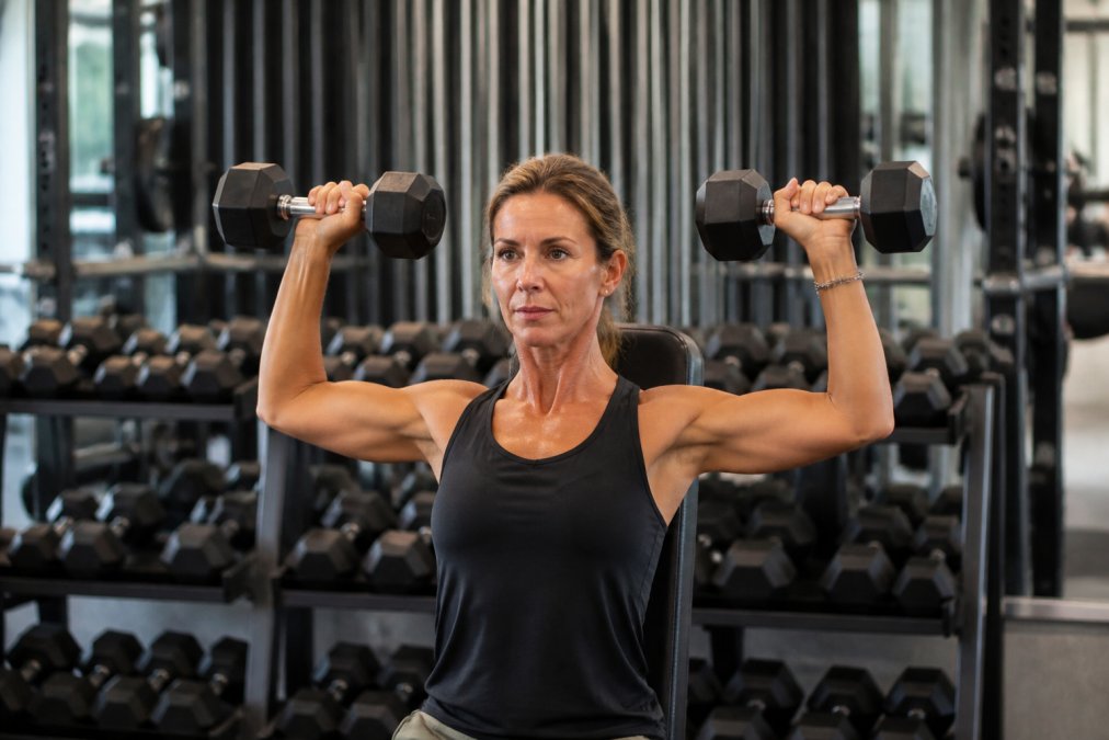 A fit woman in her late 40s performing dumbbell shoulder presses in a clean, well-lit gym, wearing athletic wear, focused expression, free weights rack visible in the background