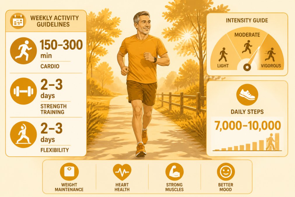 Middle-aged person jogging outdoors on a tree-lined path during morning sunlight, showing active lifestyle and steady movement with natural background