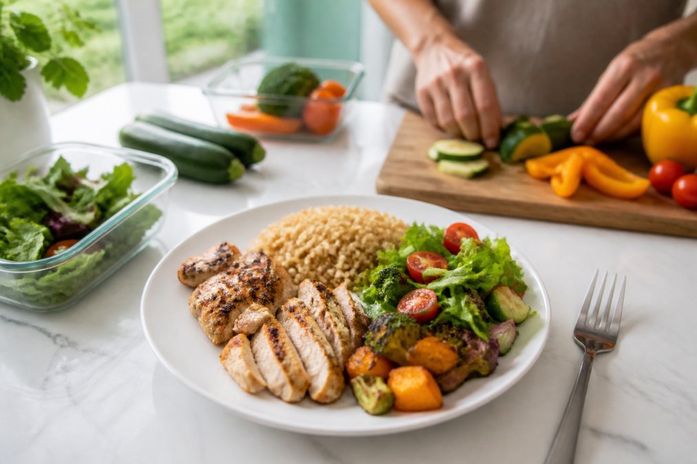 Overhead view of balanced meal plate with grilled chicken breast, roasted vegetables, brown rice, and fresh salad on white ceramic plate, with hands preparing additional vegetables in bright kitchen with natural window light
