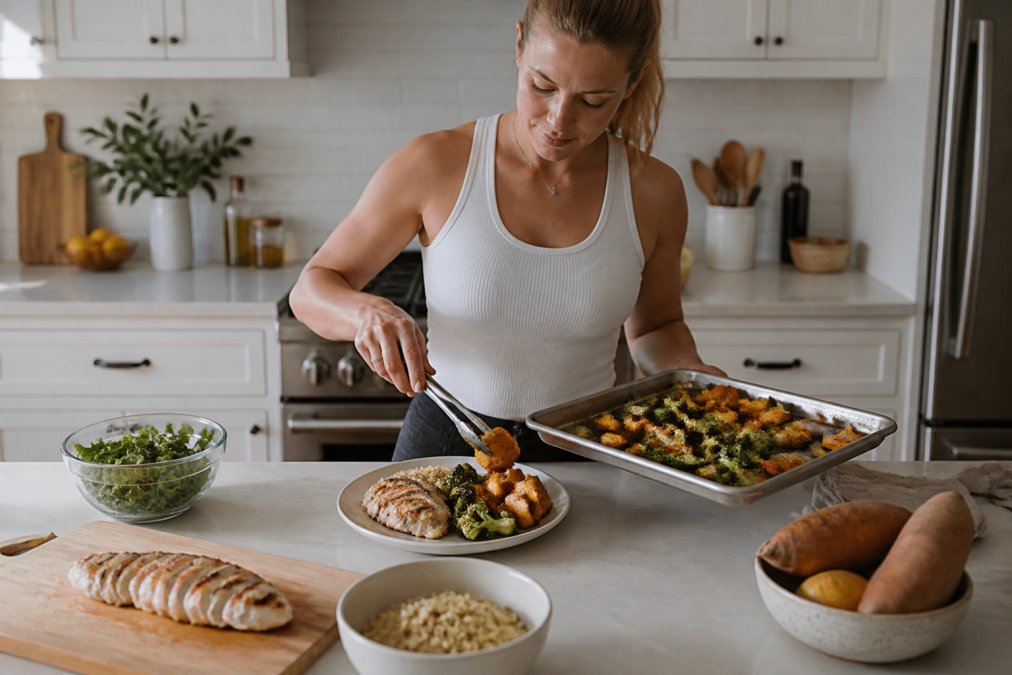 Person preparing a high-protein meal with grilled chicken breast, roasted vegetables, and quinoa on a kitchen counter in bright natural light