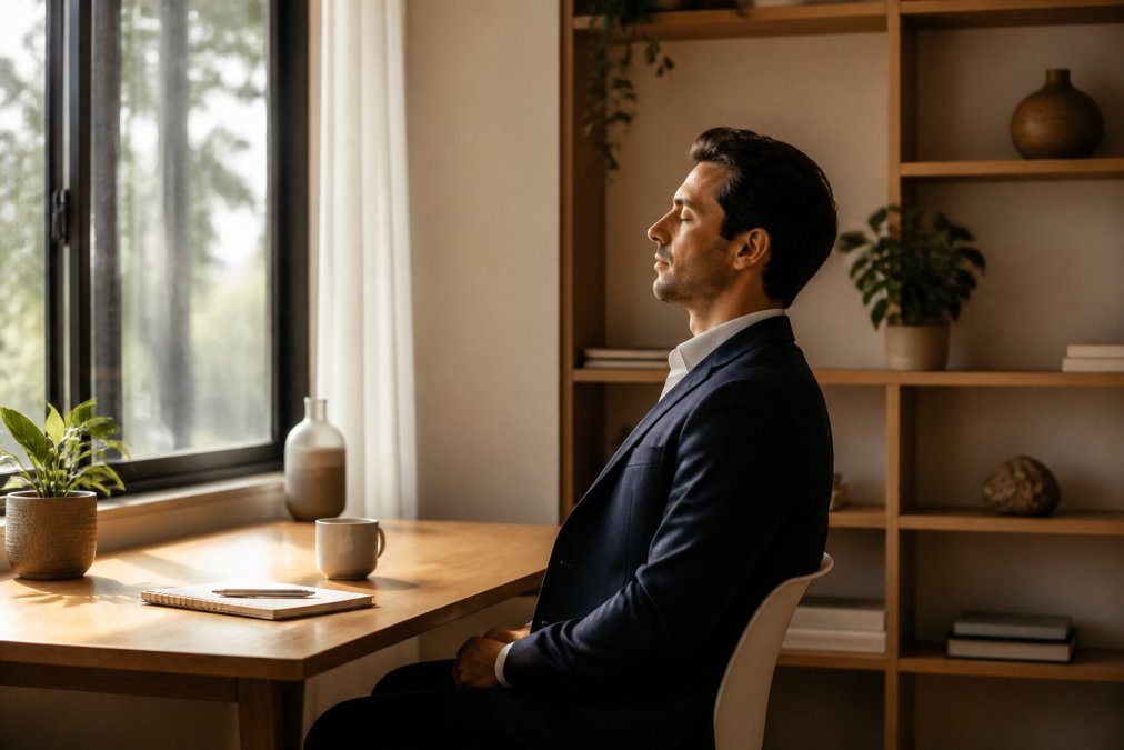 Professional in business attire sitting quietly in a minimalist home office during early morning with soft natural light streaming through the window, embodying calm focus before the workday begins