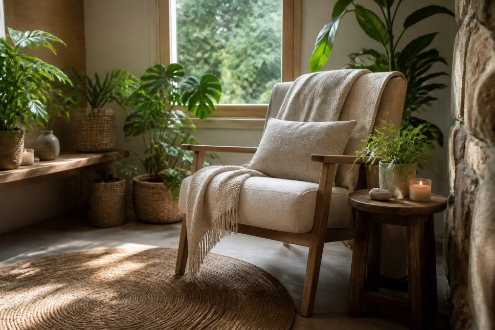 Serene home wellness corner featuring comfortable seating, plants, soft lighting, and natural elements arranged to create a peaceful sanctuary space for daily practice