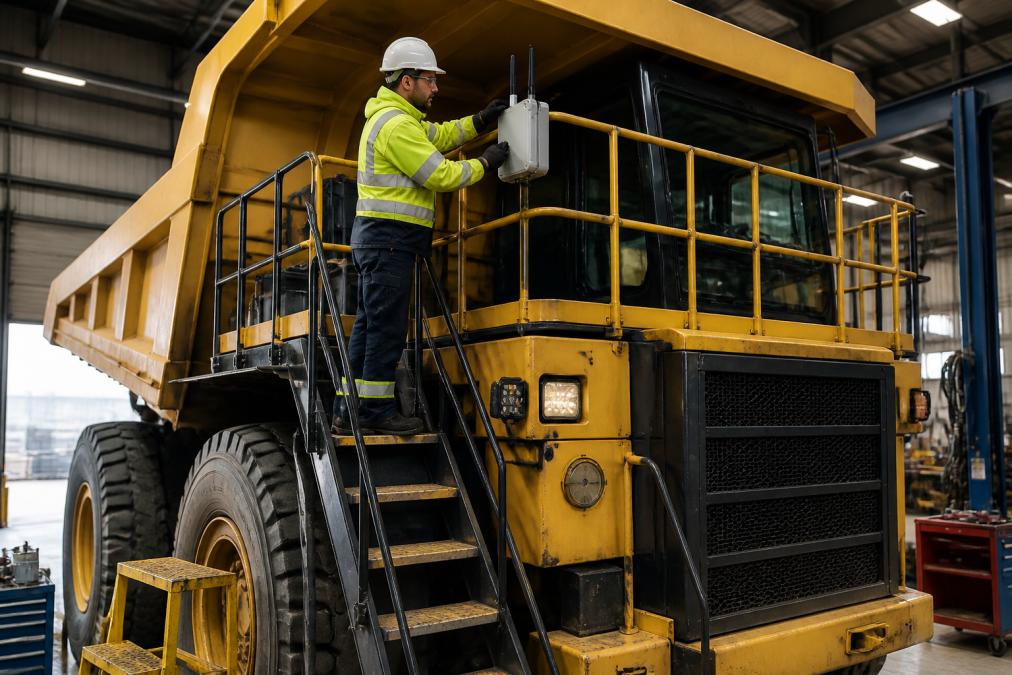 A network technician in high-visibility gear and hard hat mounting a ruggedized wireless access point on a large mining haul truck in a maintenance bay