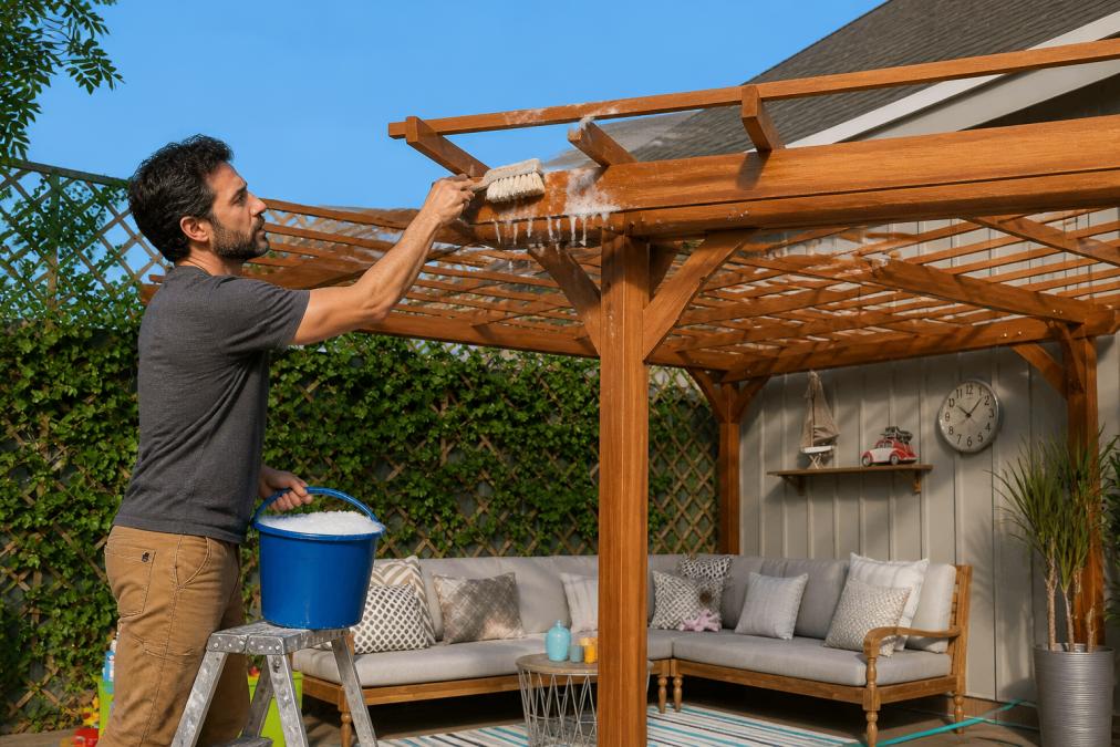A homeowner scrubbing a natural wood pergola beam with a soft bristle brush and soapy water on a sunny day, with a garden hose lying on a green lawn nearby