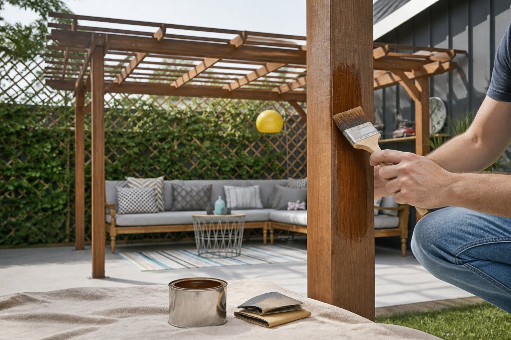 Close-up of a person applying wood stain with a natural-bristle brush along the grain of a cedar pergola post, with a can of wood sealer and folded sandpaper resting on a drop cloth below