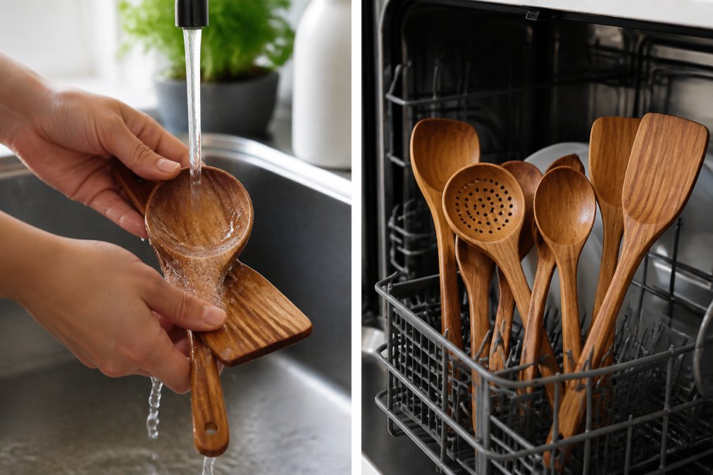 Hand washing wooden kitchen utensils helps protect the wood from prolonged heat and moisture exposure.