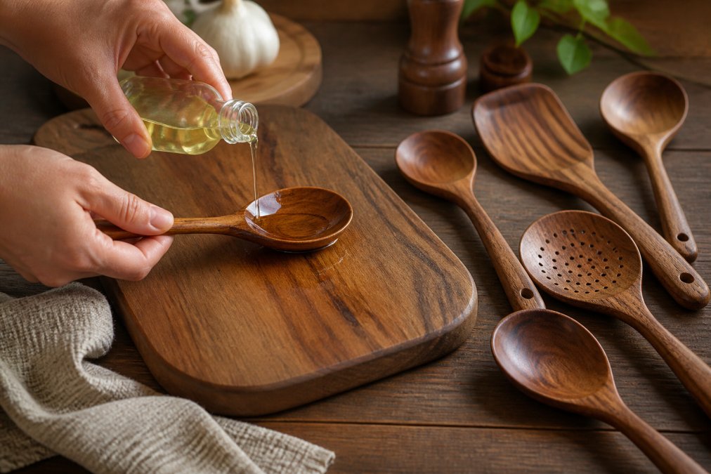 Applying food-grade wood conditioner to wooden kitchen utensils helps keep the wood from becoming dry.