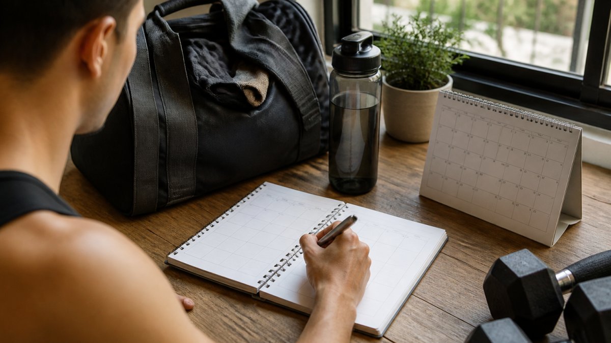 Person writing a workout schedule in a planner on a wooden desk with a gym bag and water bottle