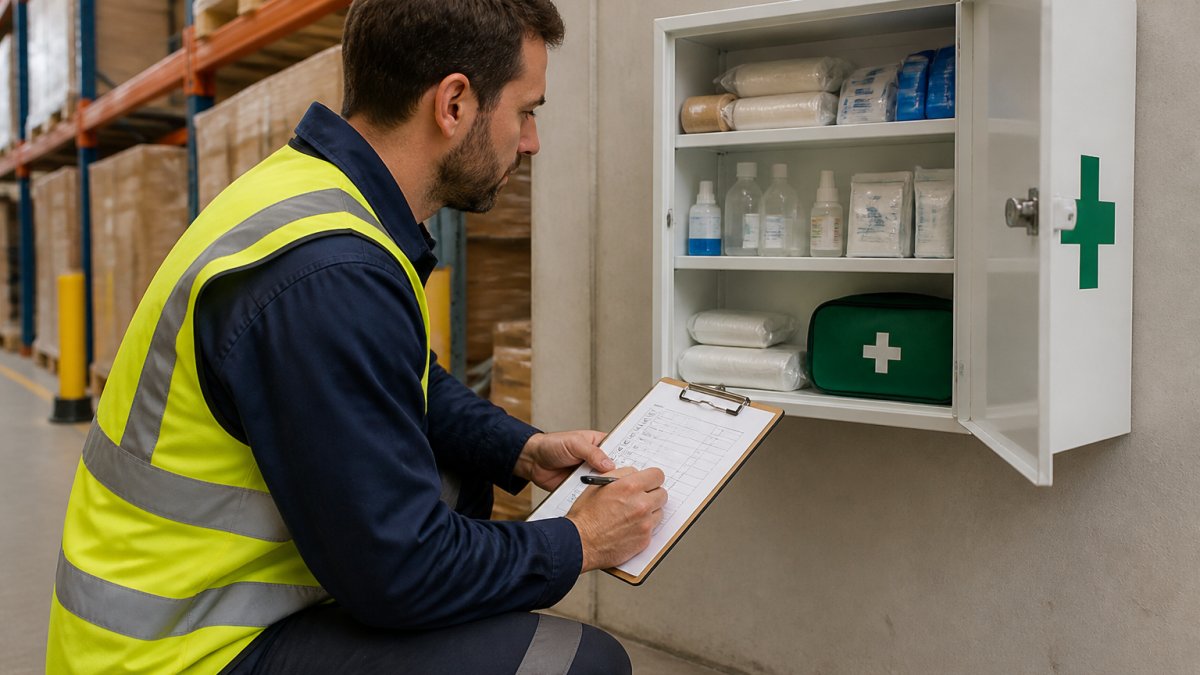 Safety officer checking a wall-mounted first aid kit in a warehouse using a printed inspection checklist