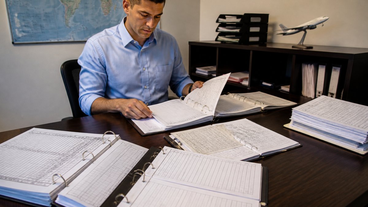 Professional aircraft dispatcher at desk reviewing logbooks and training records with documentation spread out, focused on compliance work
