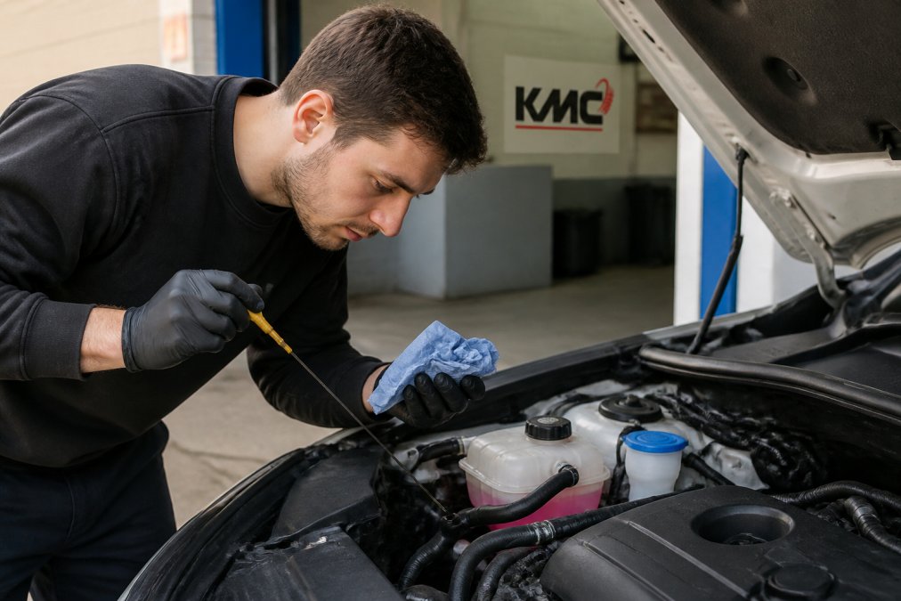 Car owner checking fluid levels under the bonnet with clear visibility of dipstick and fluid reservoirs in natural daylight, hands working with engine components