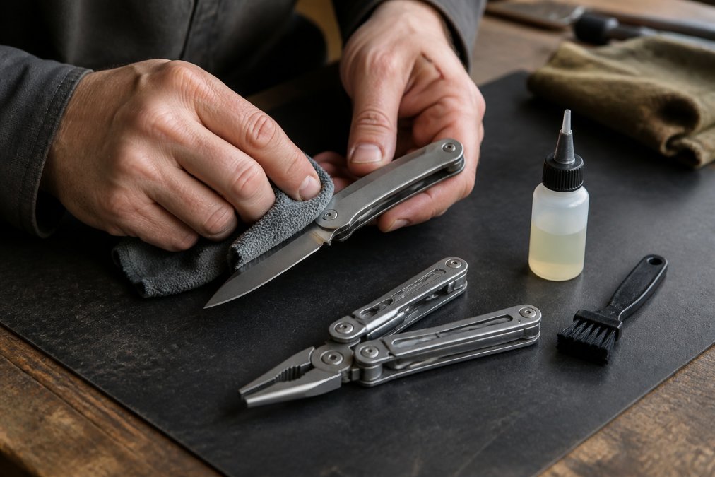Hands using a microfiber cloth to clean a pocket knife and multitool on a workbench with lubricant and a brush.