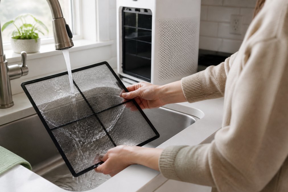 Close-up of hands rinsing a washable mesh pre-filter under a kitchen faucet, air purifier unit partially visible on the counter behind it, soft daylight from a window