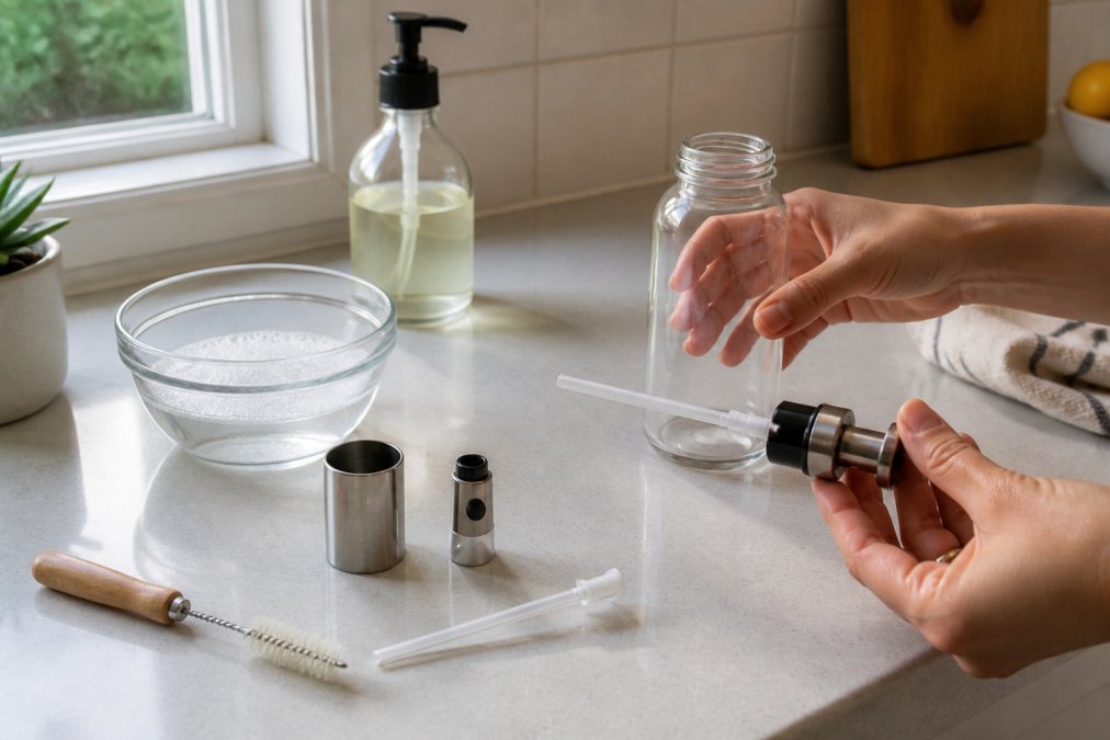 Hands disassembling a glass oil sprayer with soap and a brush to learn how to maintain your kitchen oil sprayer.