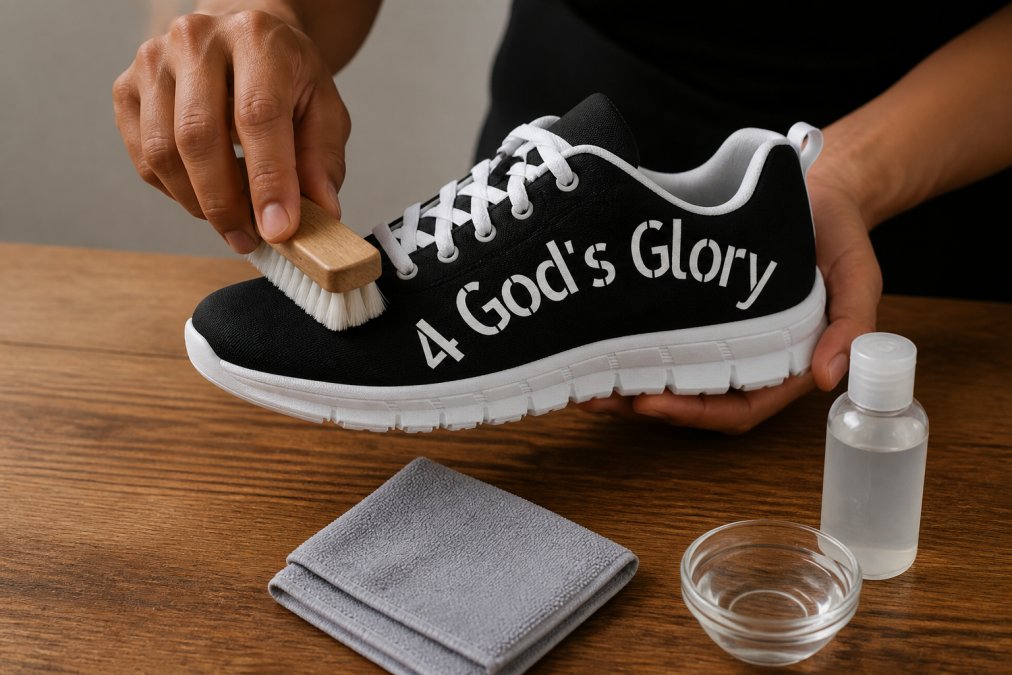 Close-up of hands using a soft suede brush on a light-colored sneaker, with cleaning supplies including microfiber cloth and gentle cleanser arranged on a wooden surface nearby