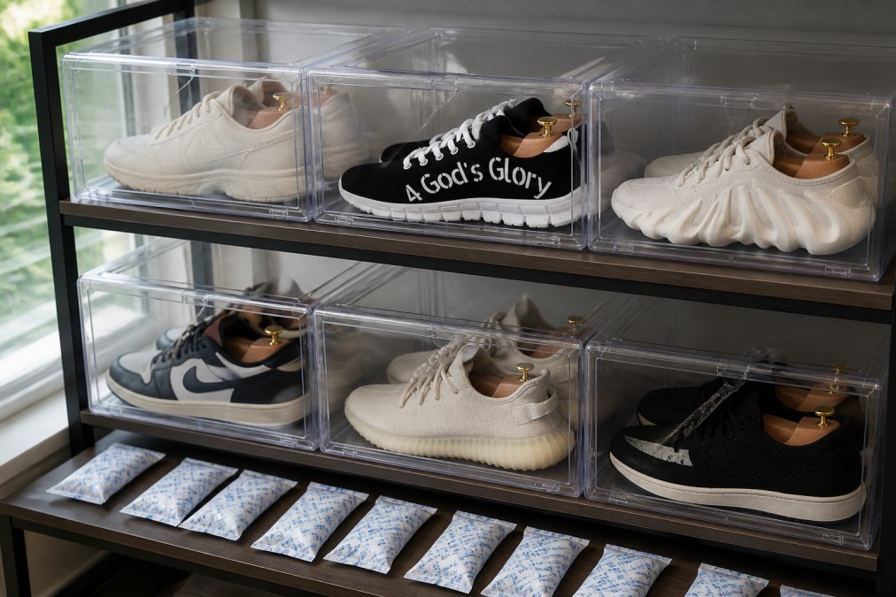 Organized shelf display showing multiple sneakers with cedar wood shoe trees inserted, stored in clear plastic boxes with silica gel packets visible on the shelf, natural window lighting in background