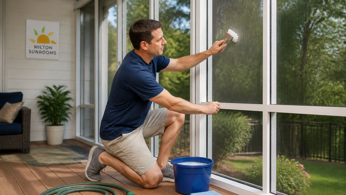 A homeowner in casual clothes using a soft brush and a bucket of soapy water to gently clean the aluminum frame and screen panels of a bright, well-kept patio enclosure, with a garden hose and soft cloth nearby on the deck