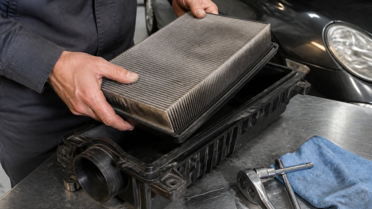 Close-up of hands lifting a dusty gray air filter out of a Porsche 911 airbox, socket wrench and shop towel resting on a metal workbench under bright garage lighting