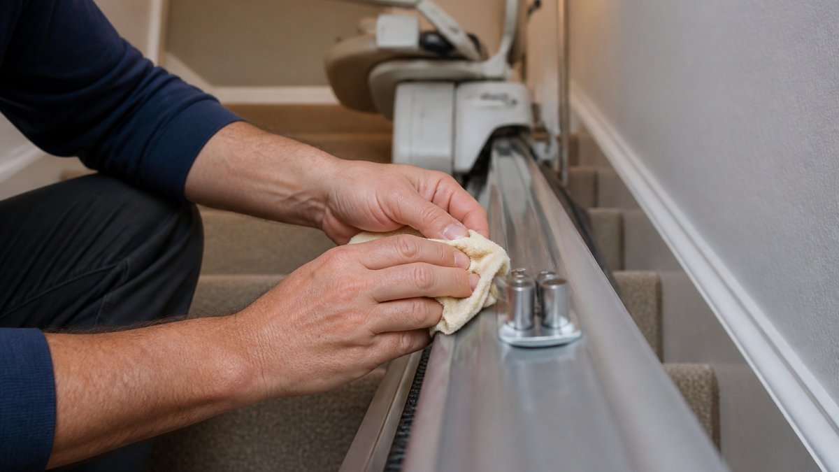 Cleaning the metal charging contacts on a stairlift rail to ensure the stairlift battery maintains a full charge.