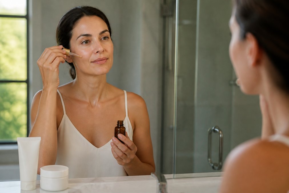 A woman in her early 40s applying serum to her face in a bright bathroom mirror, looking confident and composed, with cleanser and moisturizer visible on the counter