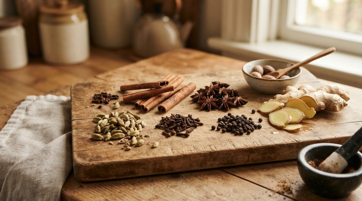 Close-up of whole spices arranged on a wooden surface, cardamom pods, cinnamon sticks, cloves, star anise, and black peppercorns with fresh ginger slices, warm natural lighting