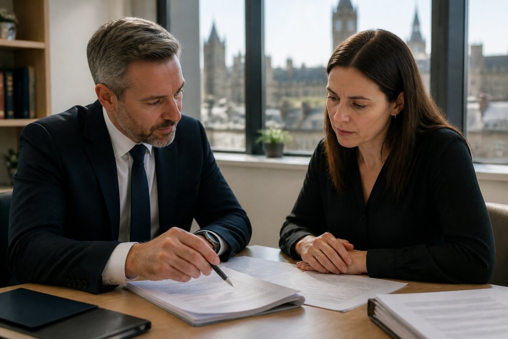 Professional solicitor and bereaved client reviewing accident documentation and claim forms at desk in modern Glasgow office, warm natural lighting from windows