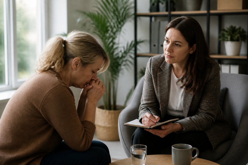 Compassionate counsellor and bereaved client in calm consultation room with soft natural lighting, comfortable seating, and supportive atmosphere