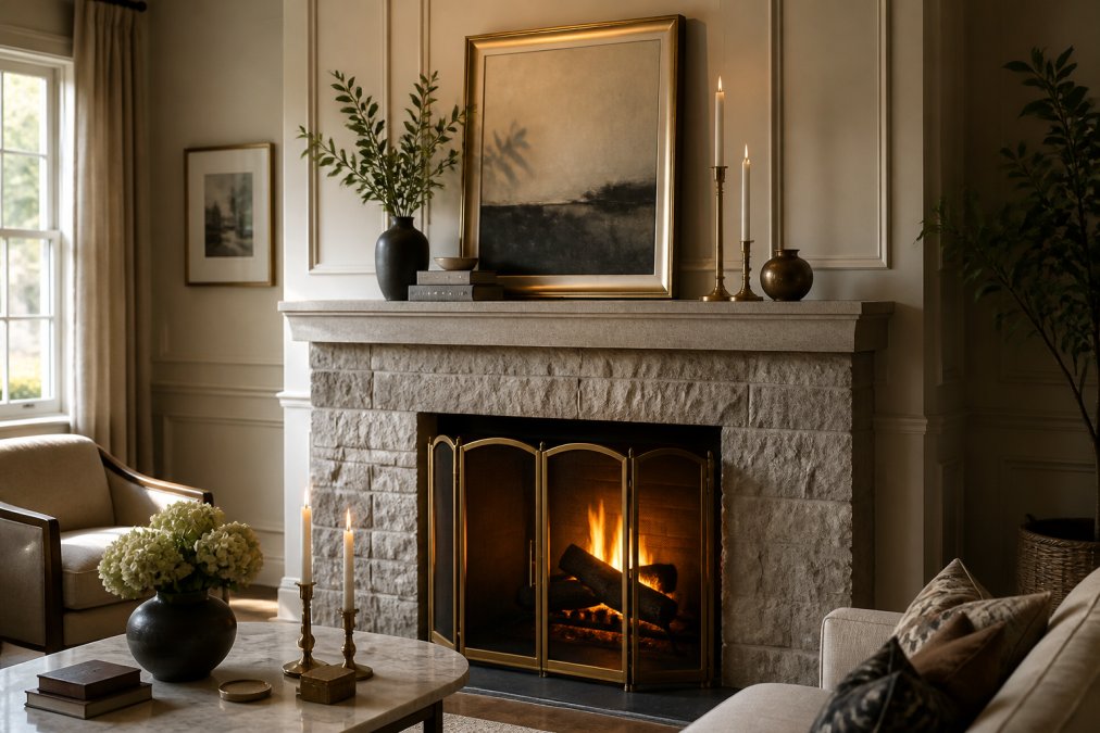 A styled living room fireplace with a modern stone surround, a layered mantel display of art, candles, and greenery, and a brass fireplace screen glowing in warm evening light