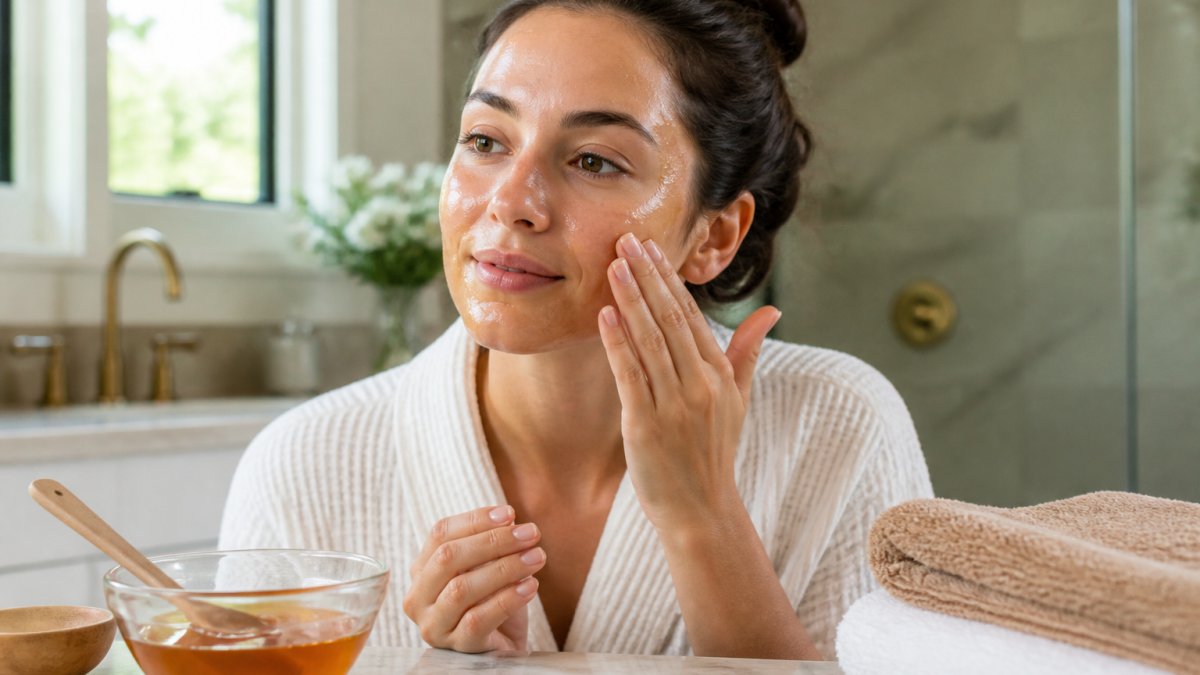 Close-up of a woman in a bright bathroom applying a thin layer of honey face mask with clean fingertips, small glass bowl of honey and a spoon nearby on a marble counter
