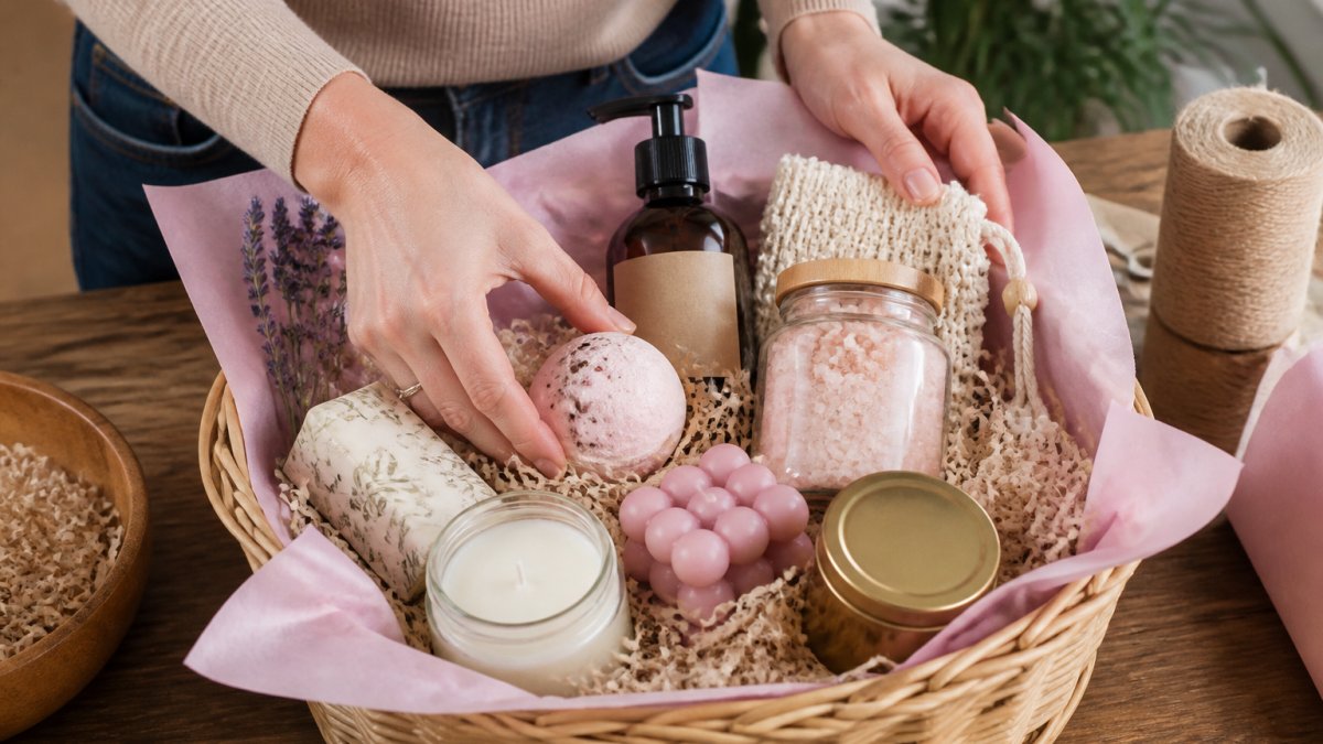 Hands carefully arranging colourful gift items inside a wicker basket, with tissue paper, candles, and wellness products visible in layers, showing thoughtful placement and visual flow